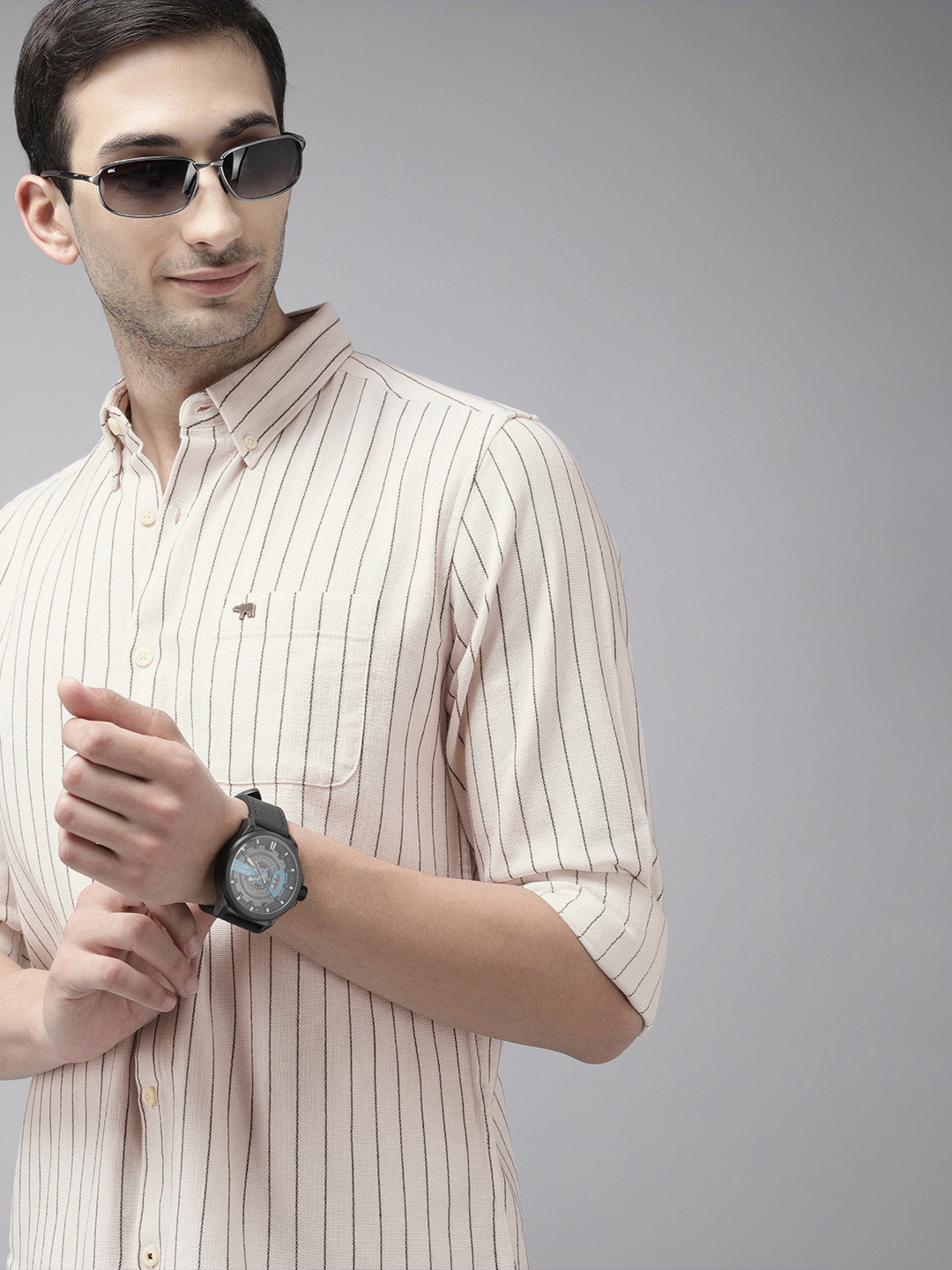 

THE BEAR HOUSE Men Cream-Coloured Slim Fit Pinstripes Striped Casual Shirt
