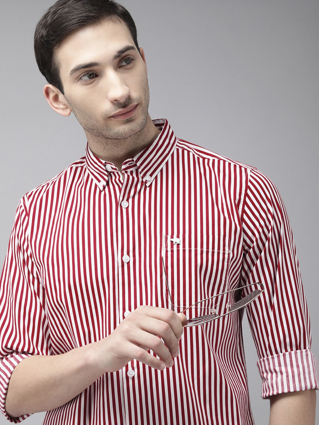 

THE BEAR HOUSE Men Maroon & White Slim Fit Cotton Opaque Striped Casual Shirt