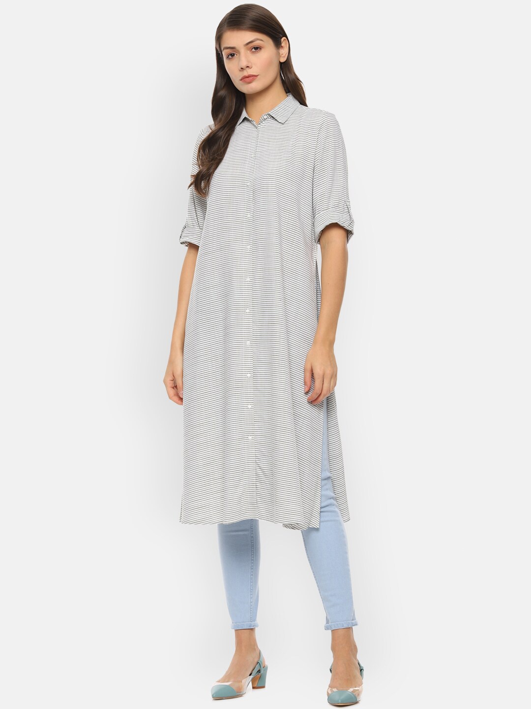

Van Heusen Woman Grey & White Shirt Collar Striped Tunic