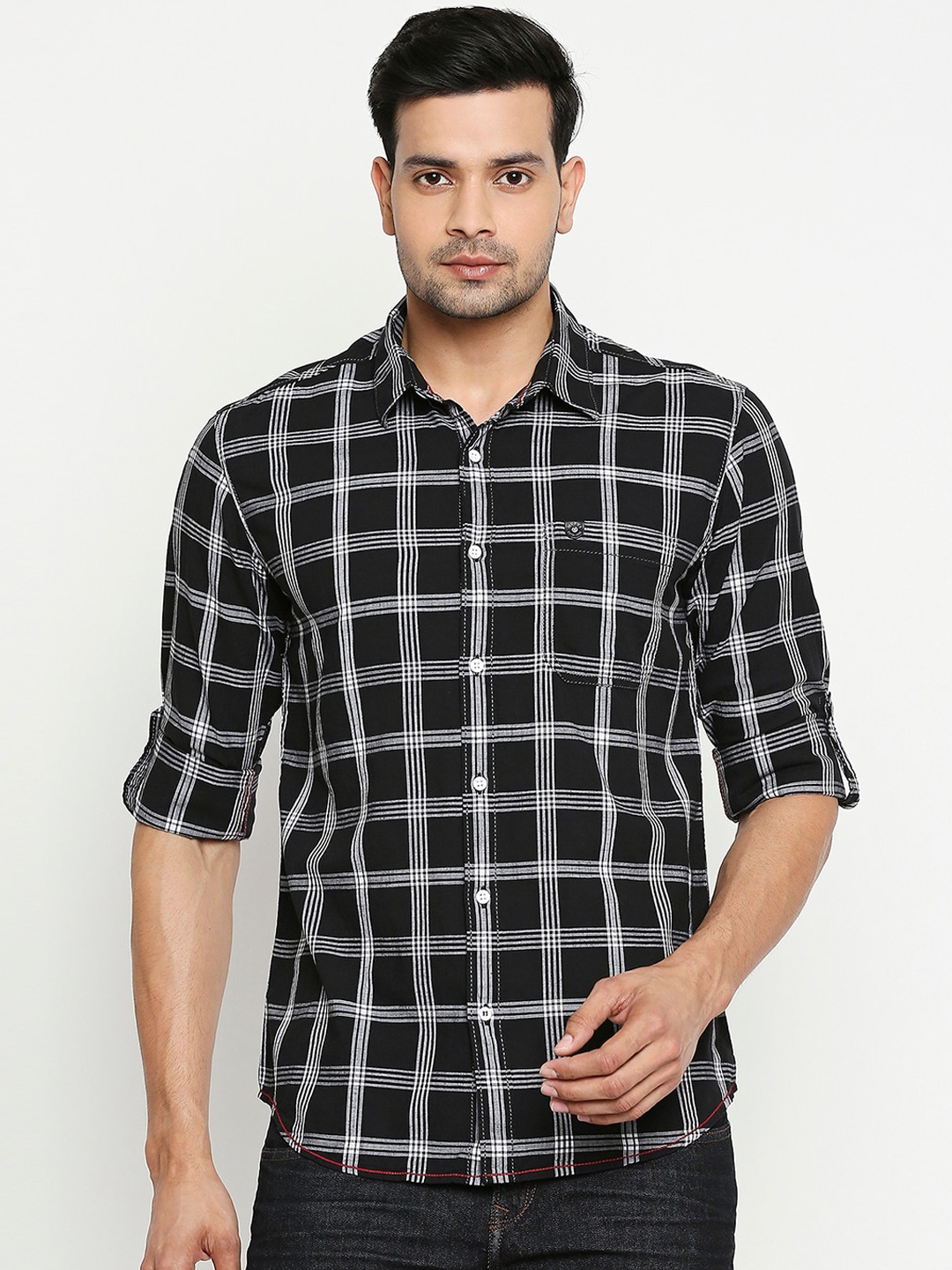 

Mufti Men Black Slim Fit Windowpane Checked Casual Shirt