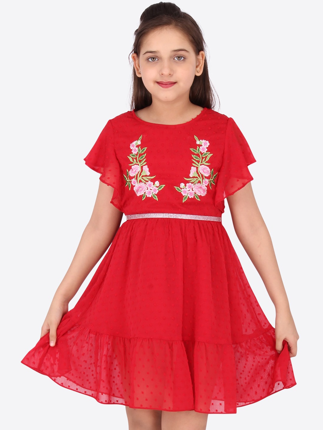 

CUTECUMBER Red & Pink Georgette Dress