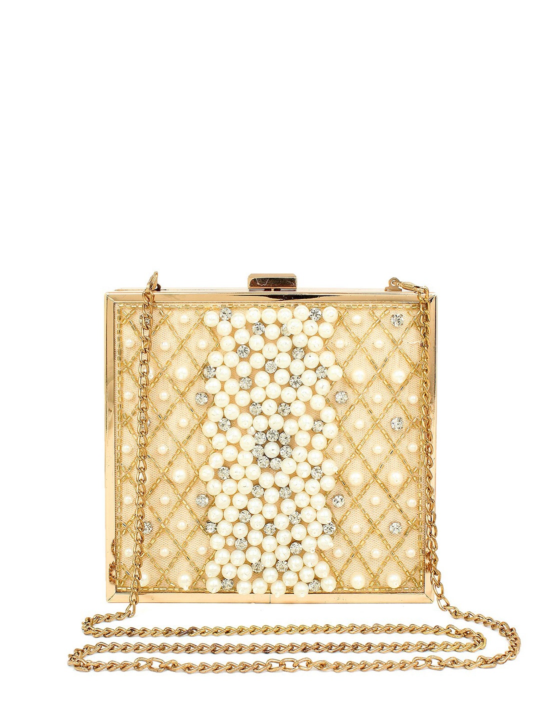 

Spice Art Golden & White Bead Embellished Box Clutch, Gold