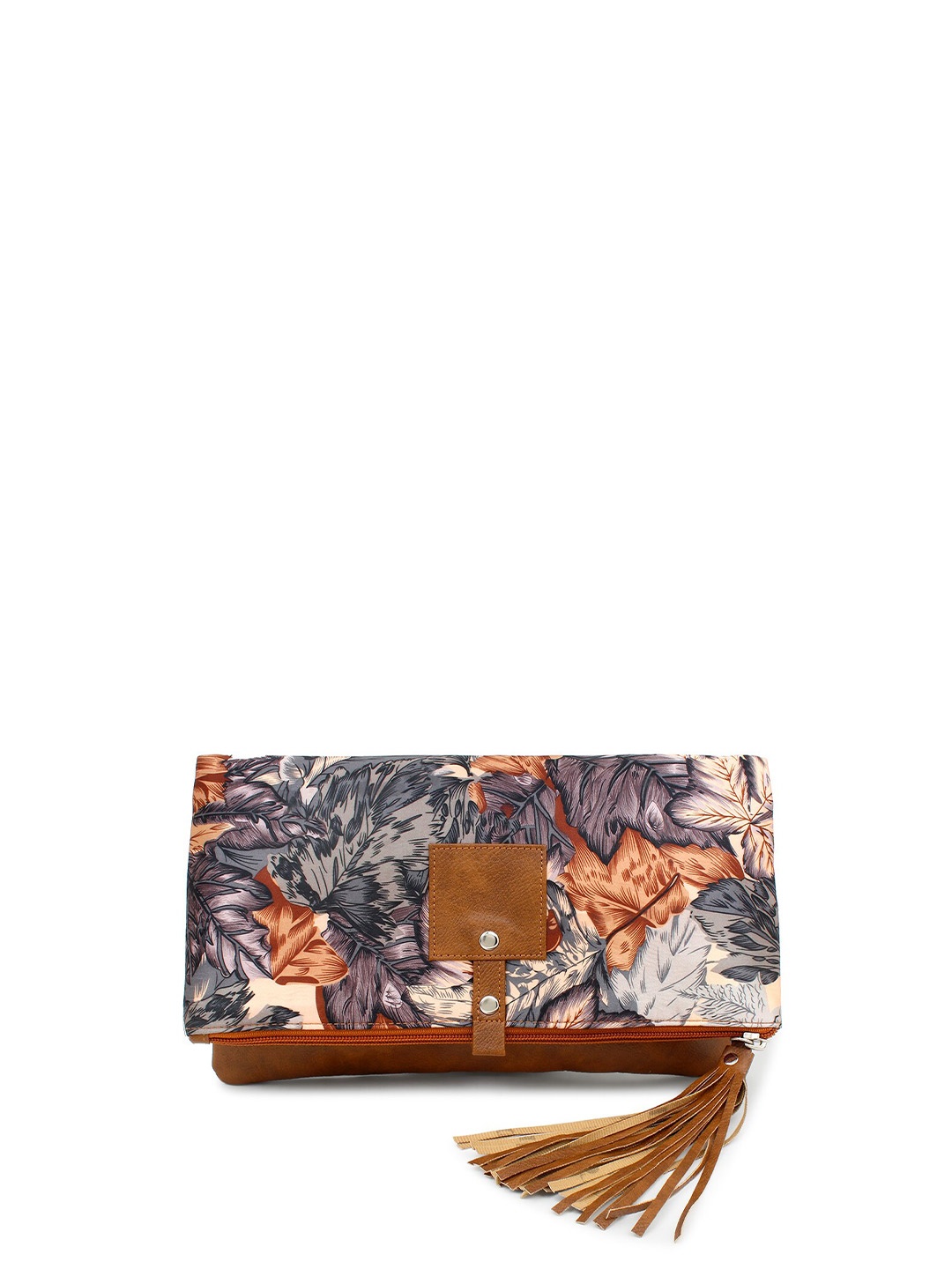 

Spice Art Grey & Brown Printed Tasselled Foldover Clutch