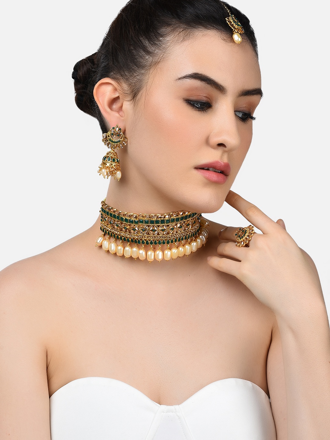

Zaveri Pearls Green Stones Traditional Choker Necklace & Earrings & Mangtikka