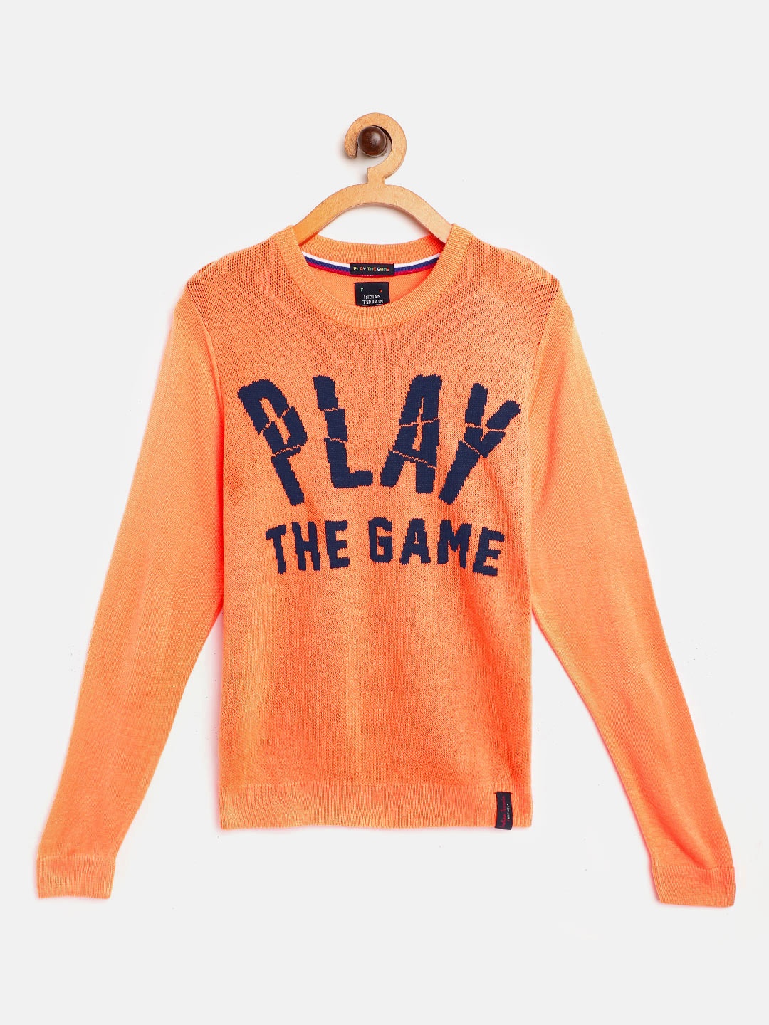 

Indian Terrain Boys Orange & Navy Blue Typography Self-Design Pullover