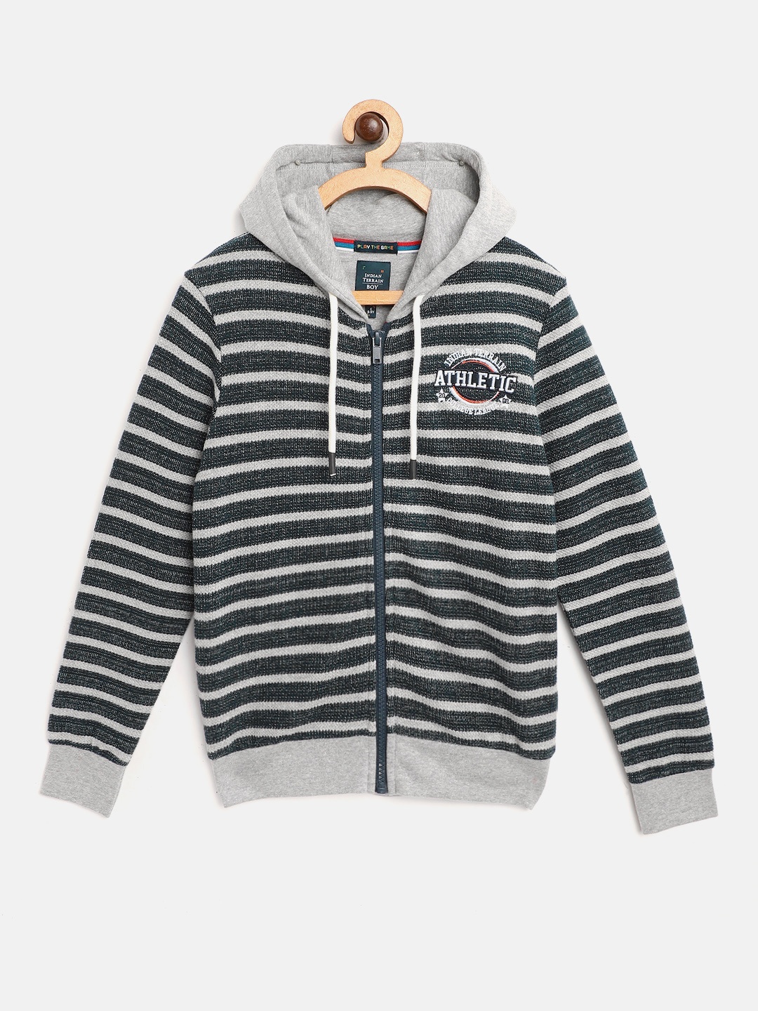 

Indian Terrain Boys Grey Melange & Navy Blue Striped Cotton Hooded Sweatshirt