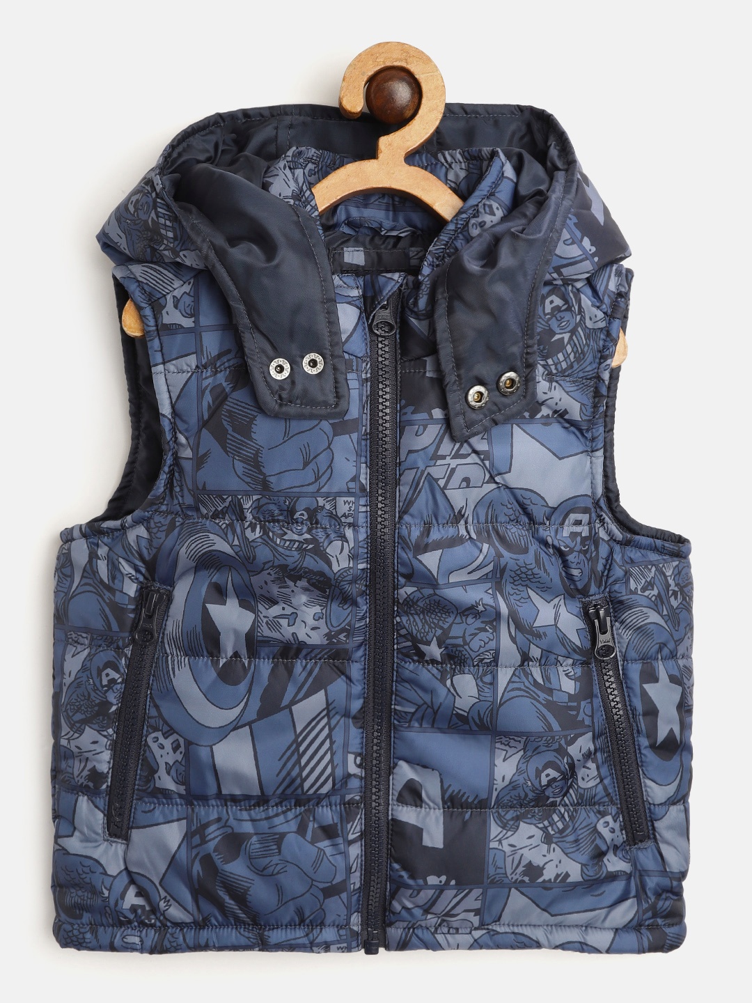 

Indian Terrain Boys Navy Blue & Black Abstract Print Hooded Padded Jacket