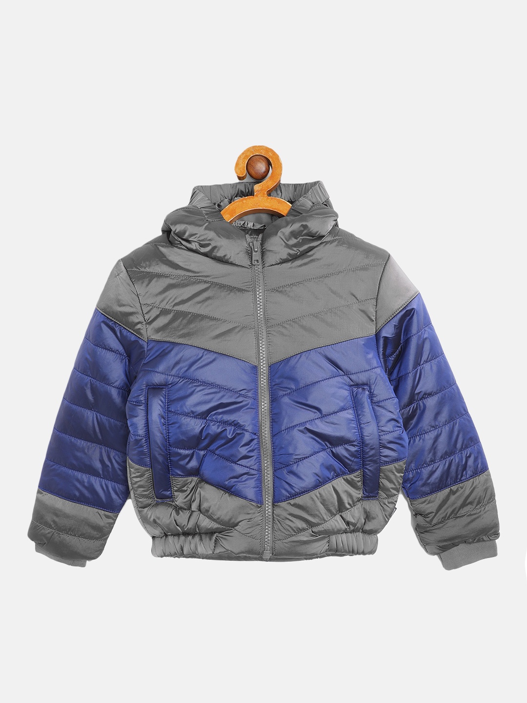 

Indian Terrain Boys Charcoal Grey & Blue Colourblocked Hooded Padded Jacket