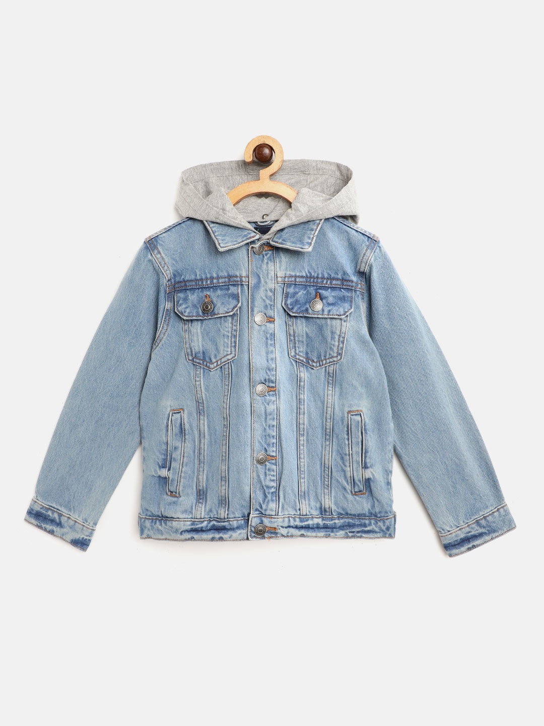 

Indian Terrain Boys Blue Printed Back Hooded Denim Jacket