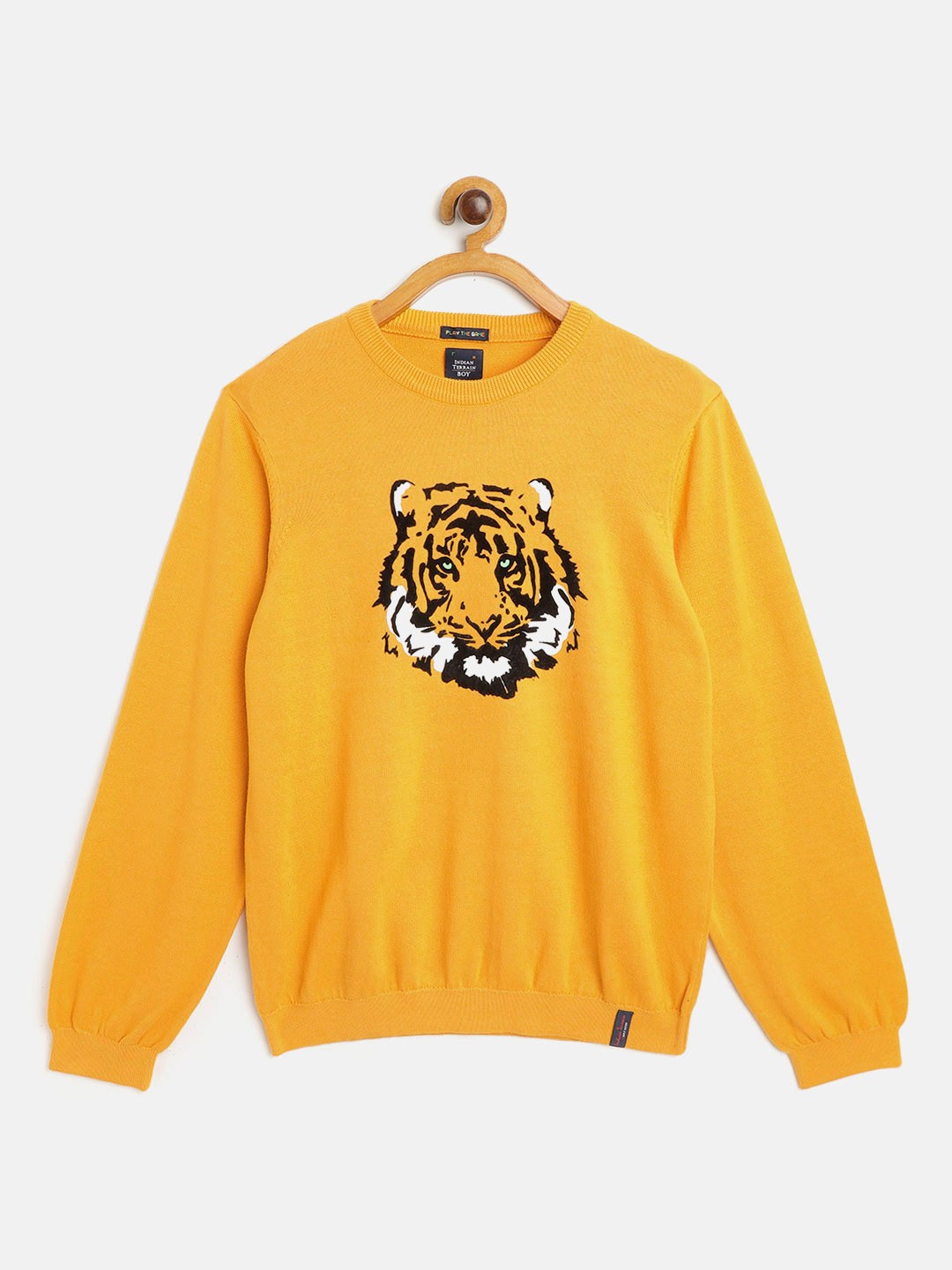 

Indian Terrain Boys Mustard Yellow & Black Pure Cotton Tiger Flocked Print Pullover