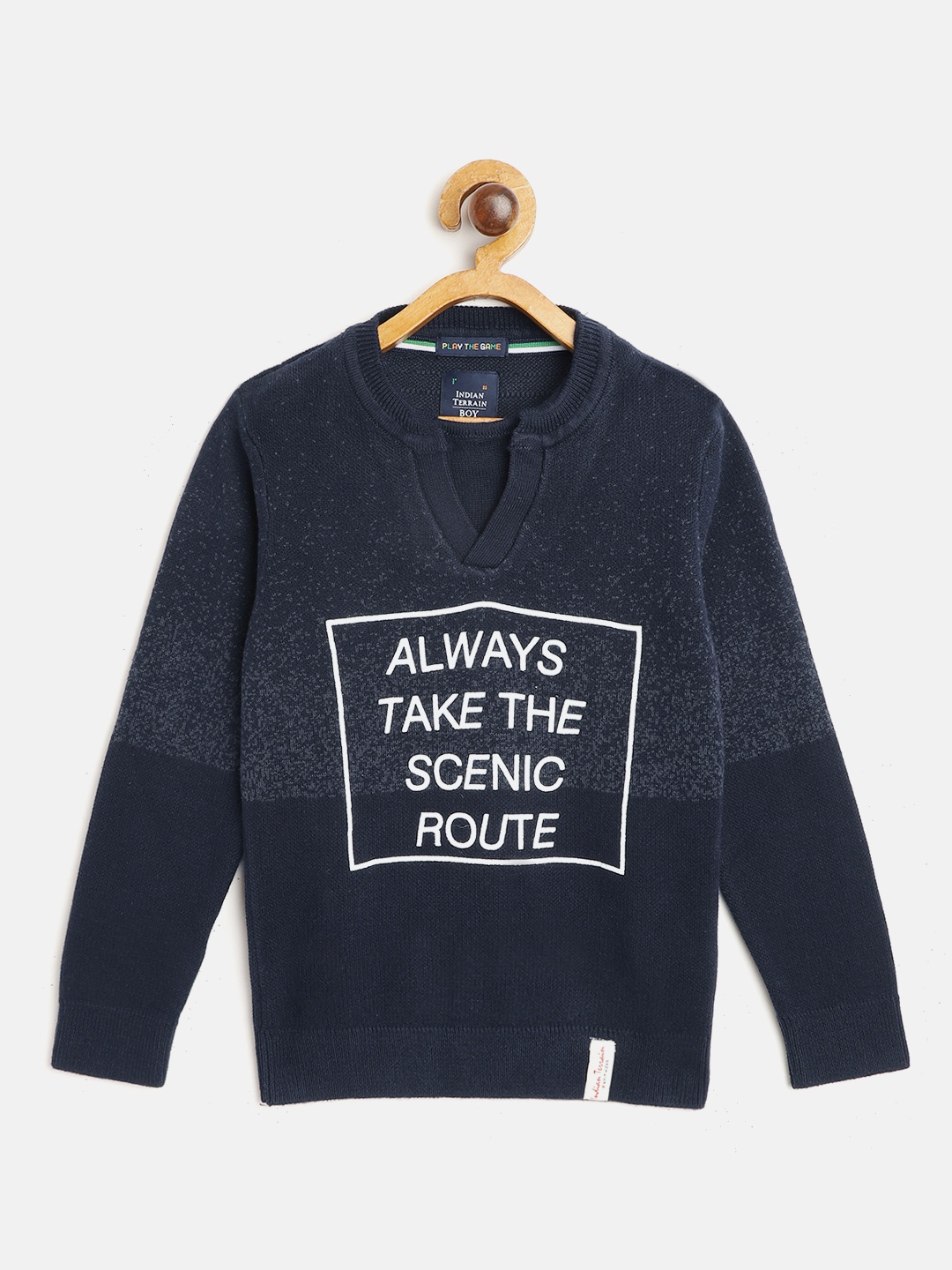 

Indian Terrain Boys Navy Blue & White Pure Cotton Typography Print Pullover