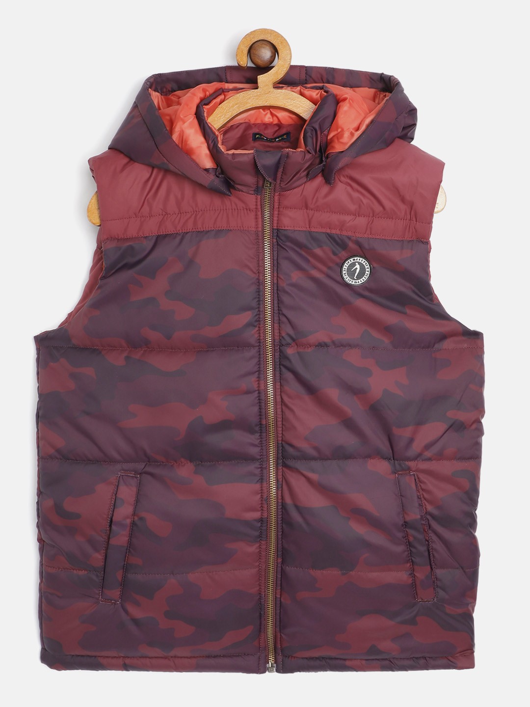 

Indian Terrain Boys Maroon & Purple Camouflage Print Hooded Padded Jacket
