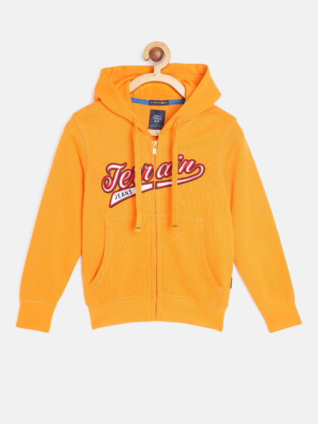 

Indian Terrain Boys Mustard Yellow & Red Pure Cotton Brand Logo Applique Hooded Sweatshirt