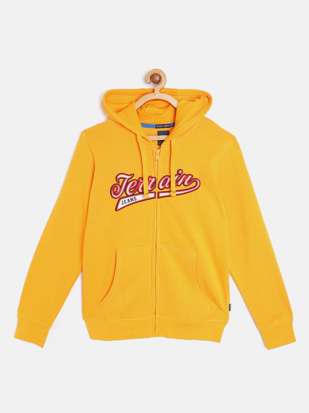 

Indian Terrain Boys Mustard Yellow & Red Pure Cotton Brand Logo Applique Hooded Sweatshirt