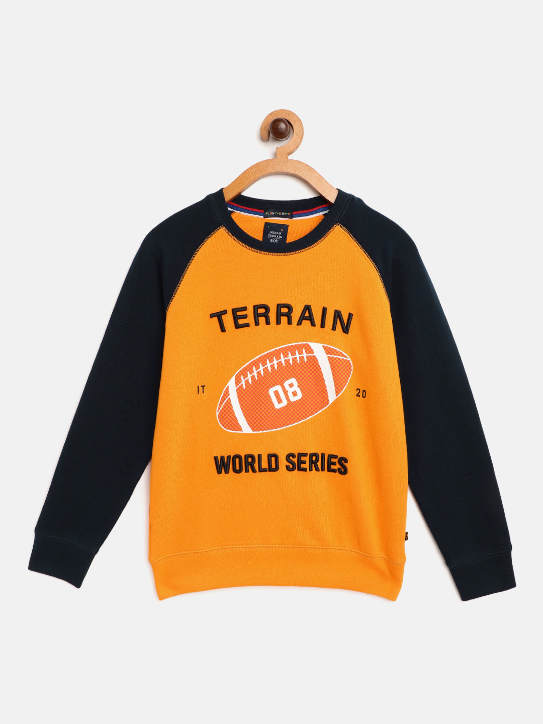 

Indian Terrain Boys Orange & Navy Blue Baseball Print Cotton Sweatshirt