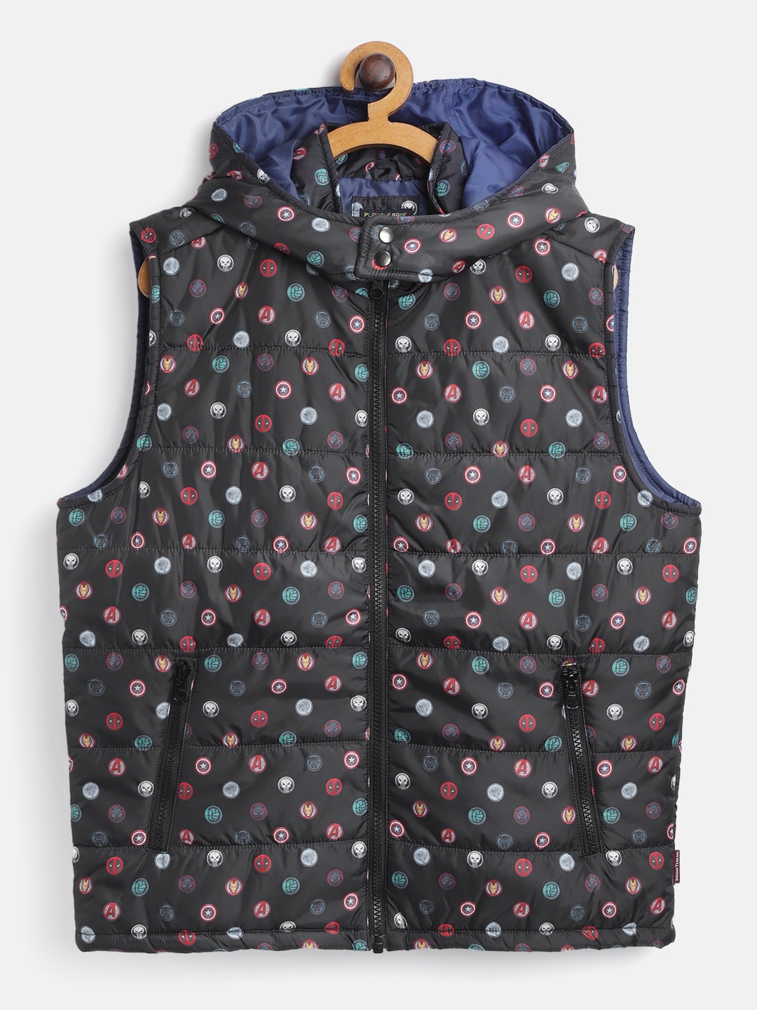 

Indian Terrain Boys Black & Red Marvel Superhero Logos Print Hooded Padded Jacket
