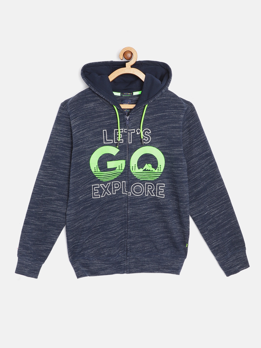 

Indian Terrain Boys Navy Blue & Green Pure Cotton Printed Hooded Sweatshirt
