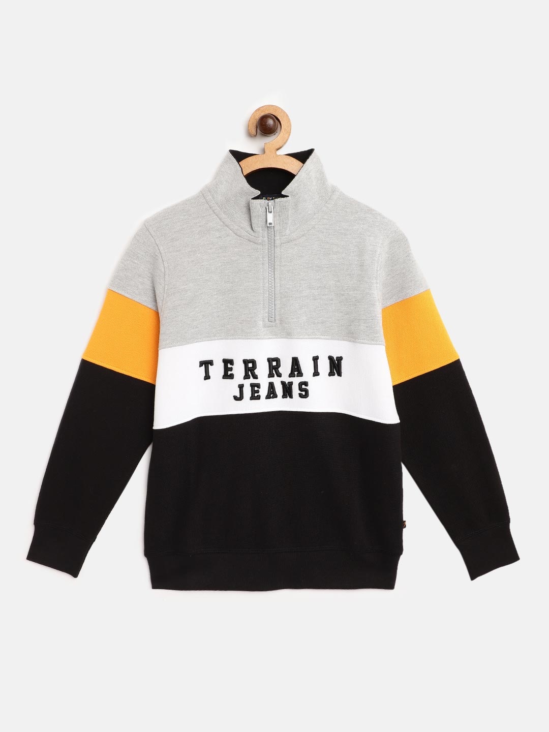 

Indian Terrain Boys Grey Melange & Black Colourblocked Sweatshirt