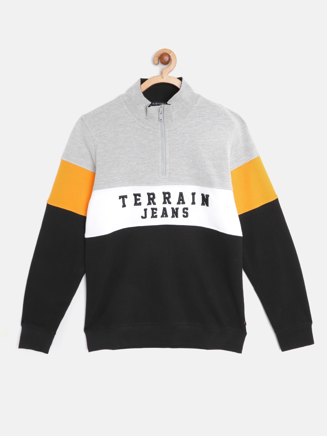 

Indian Terrain Boys Grey Melange & Black Pure Cotton Colourblocked Sweatshirt