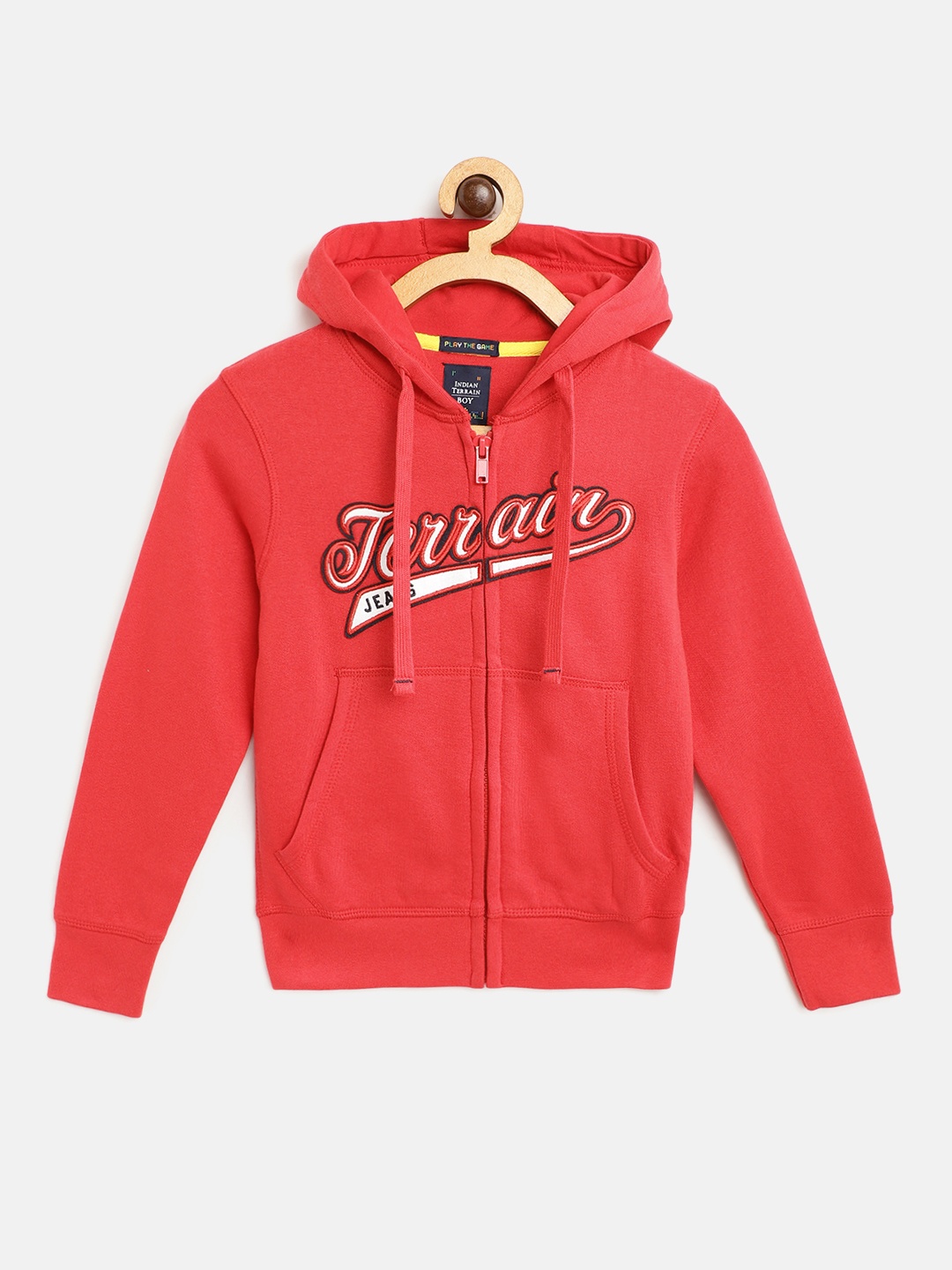 

Indian Terrain Boys Red & White Typography Embroidered Hooded Pure Cotton Sweatshirt