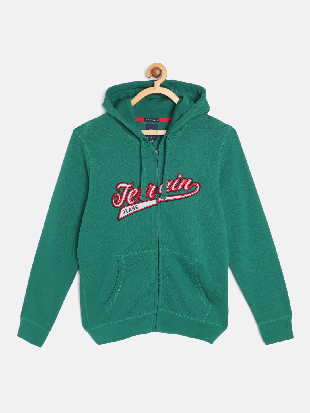 

Indian Terrain Boys Green & Red Pure Cotton Brand Logo Applique Hooded Sweatshirt