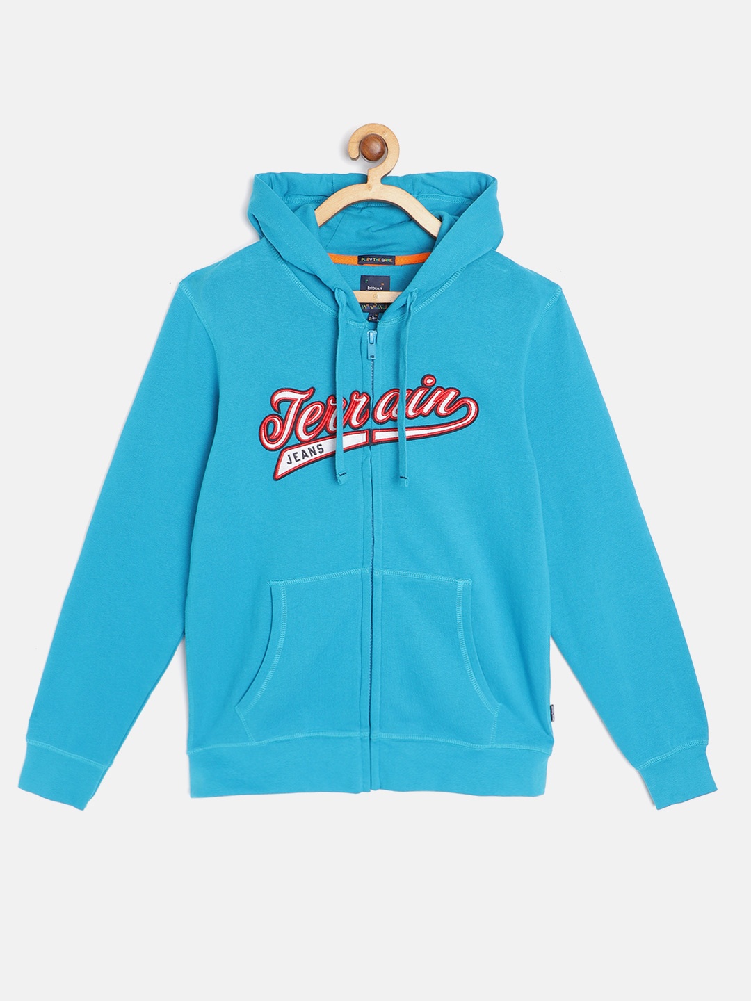 

Indian Terrain Boys Blue & Red Pure Cotton Brand Logo Applique Hooded Sweatshirt