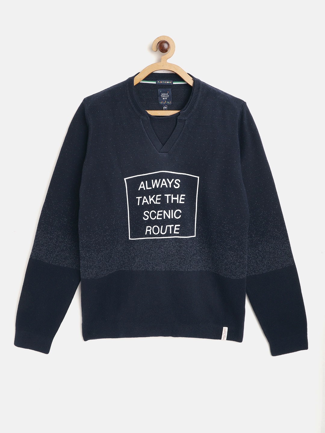 

Indian Terrain Boys Navy Blue & White Pure Cotton Typography Print Pullover
