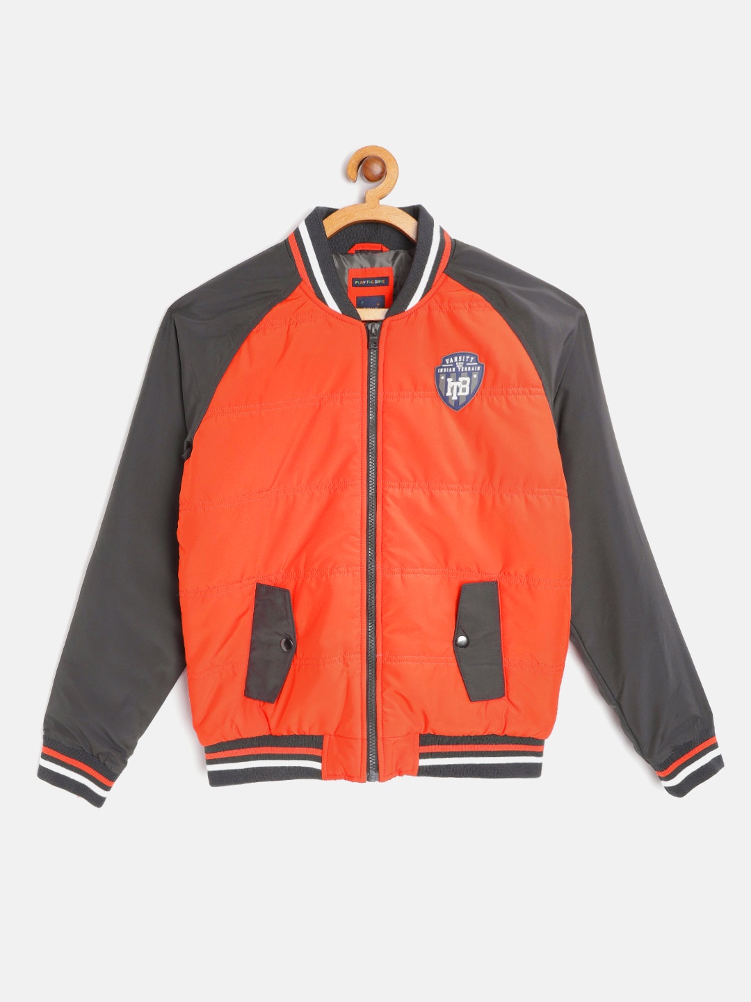 

Indian Terrain Boys Orange & Charcoal Grey Solid Bomber Jacket