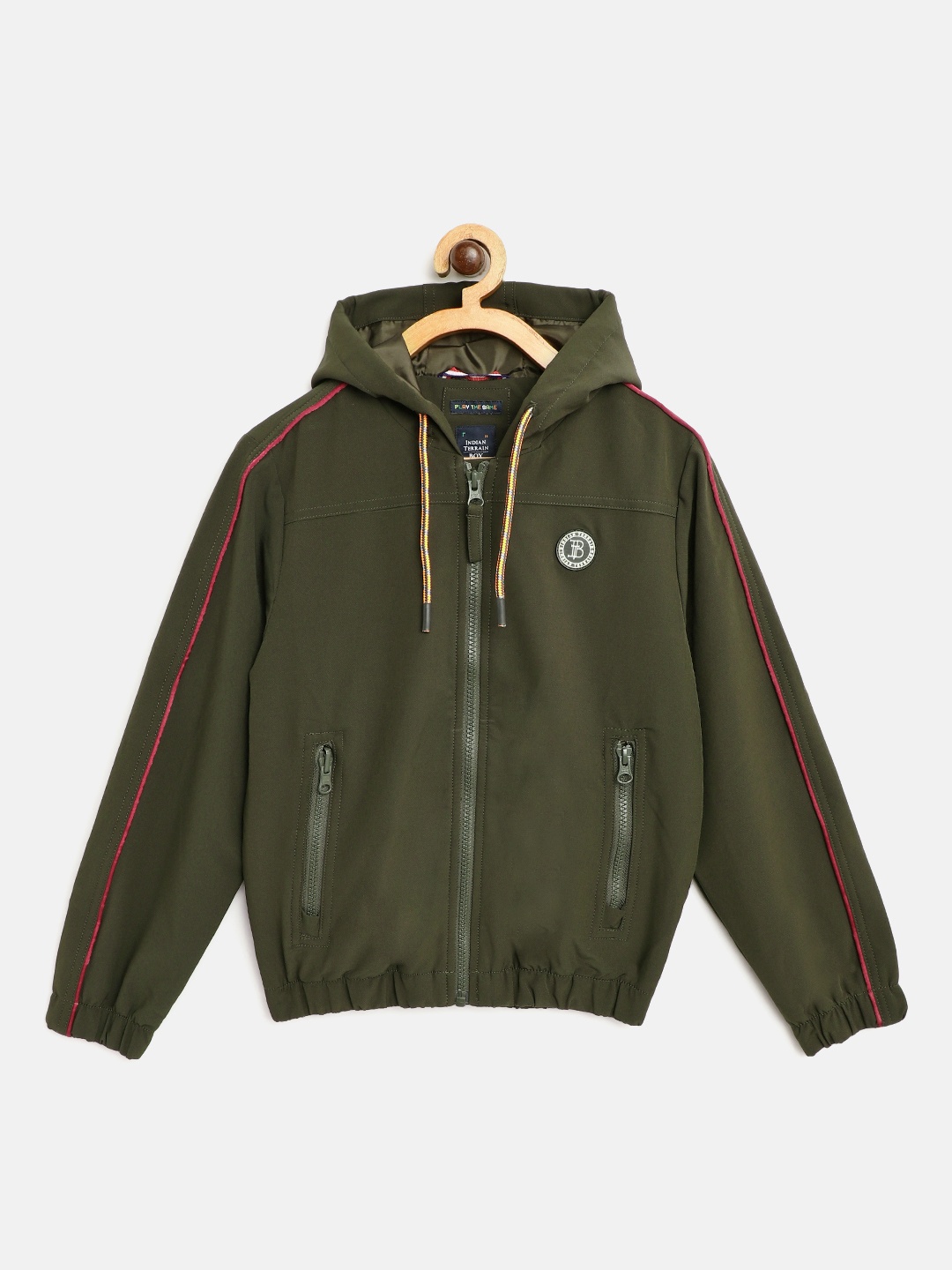 

Indian Terrain Boys Olive Green Solid Hooded Bomber Jacket