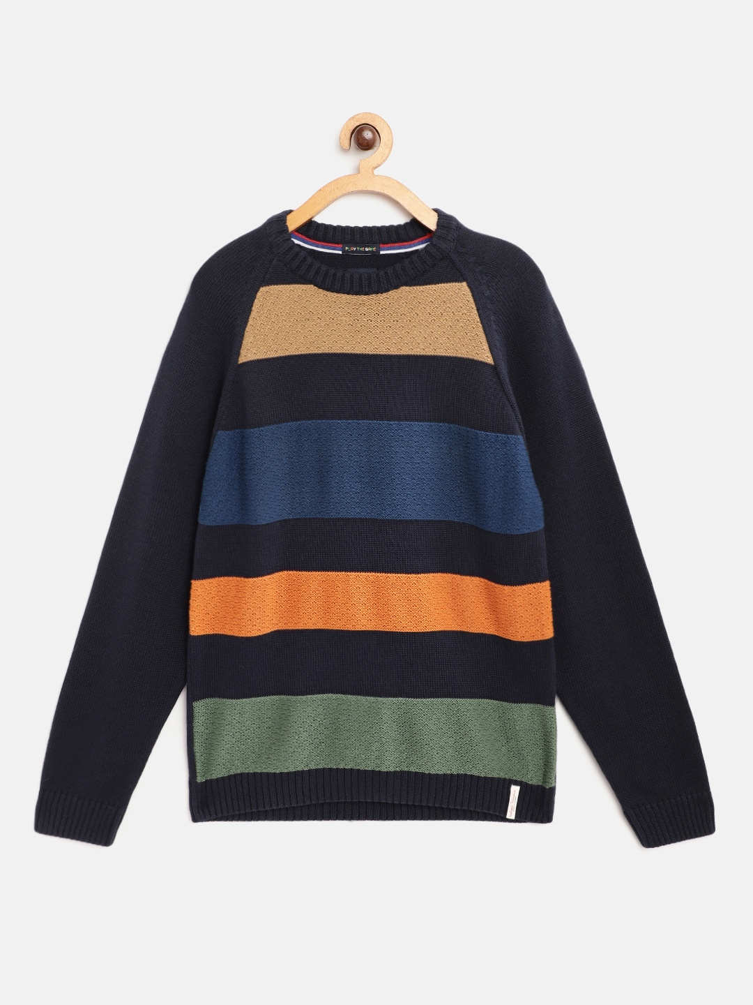 

Indian Terrain Boys Navy Blue & Orange Cotton Striped Pullover