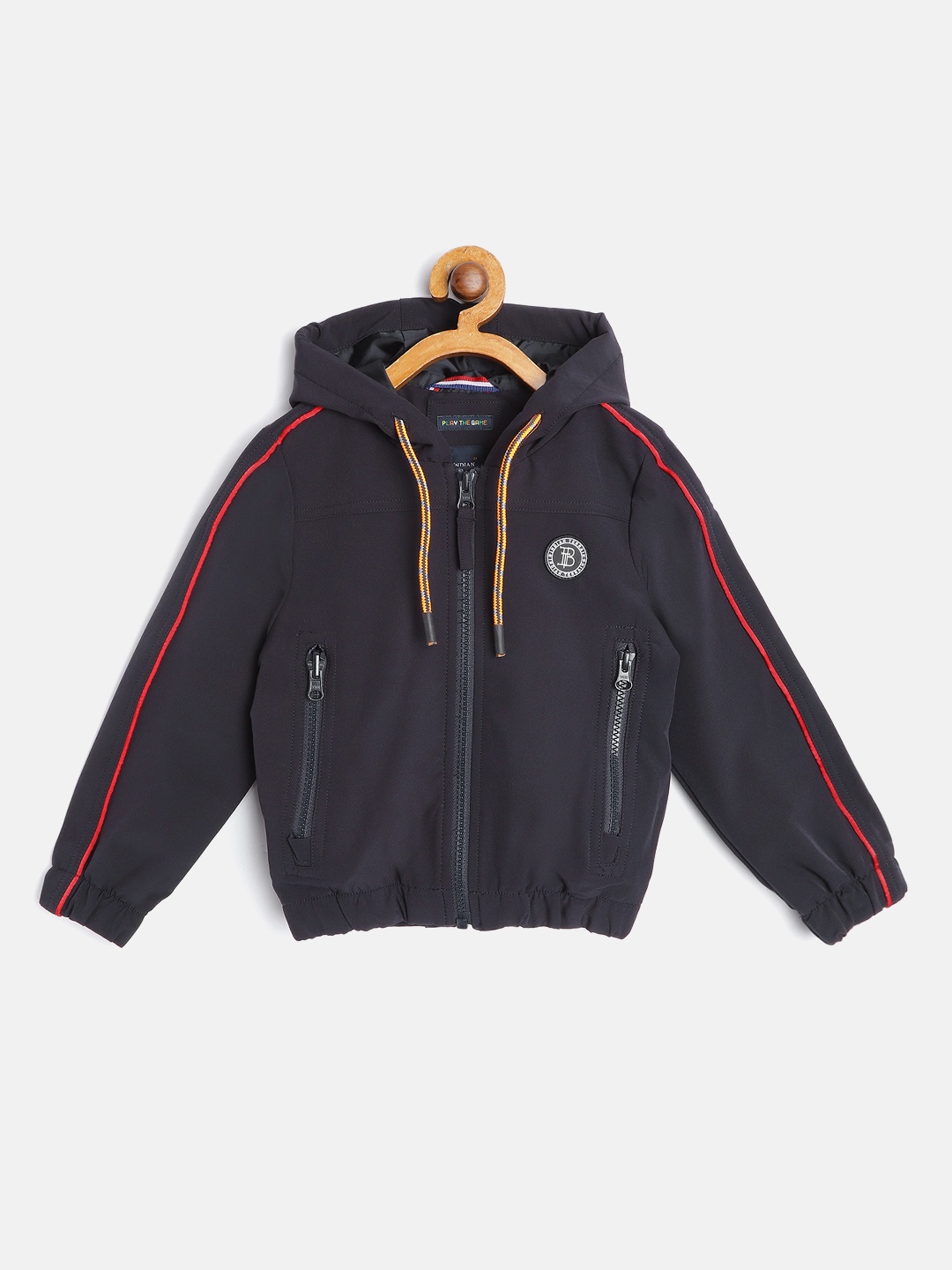 

Indian Terrain Boys Navy Blue Solid Hooded Bomber Jacket