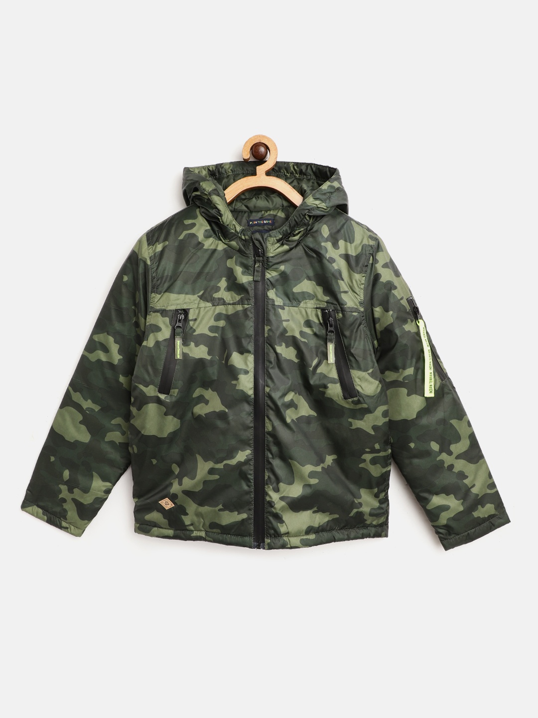 

Indian Terrain Boys Green Camouflage Print Insulator Hooded Padded Jacket