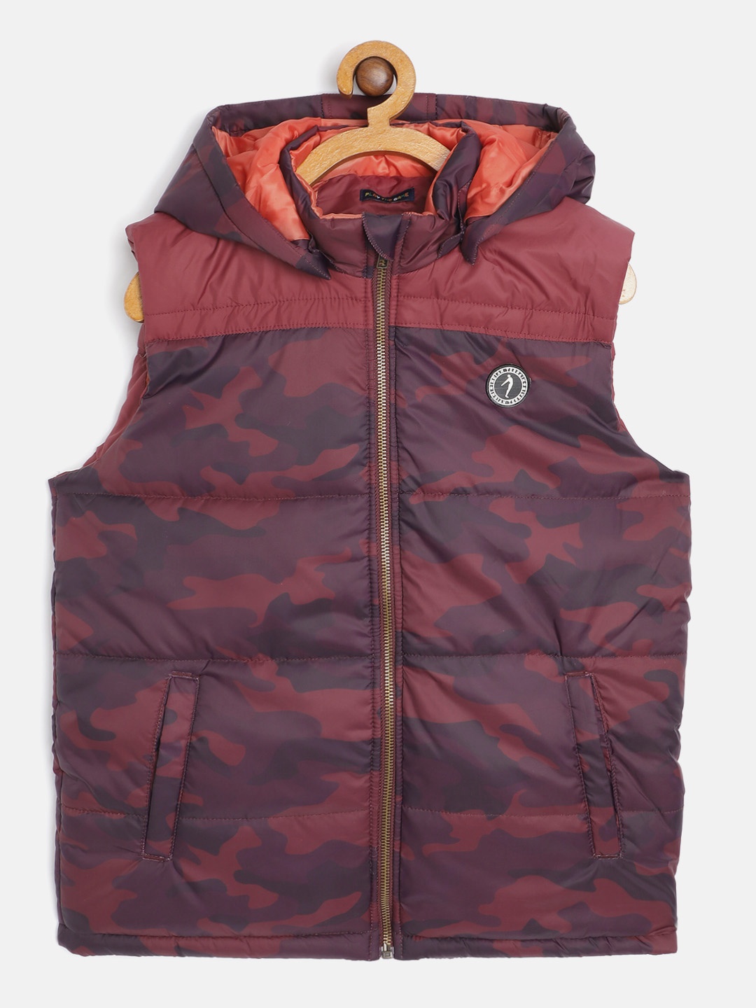 

Indian Terrain Boys Maroon & Purple Camouflage Print Hooded Padded Jacket