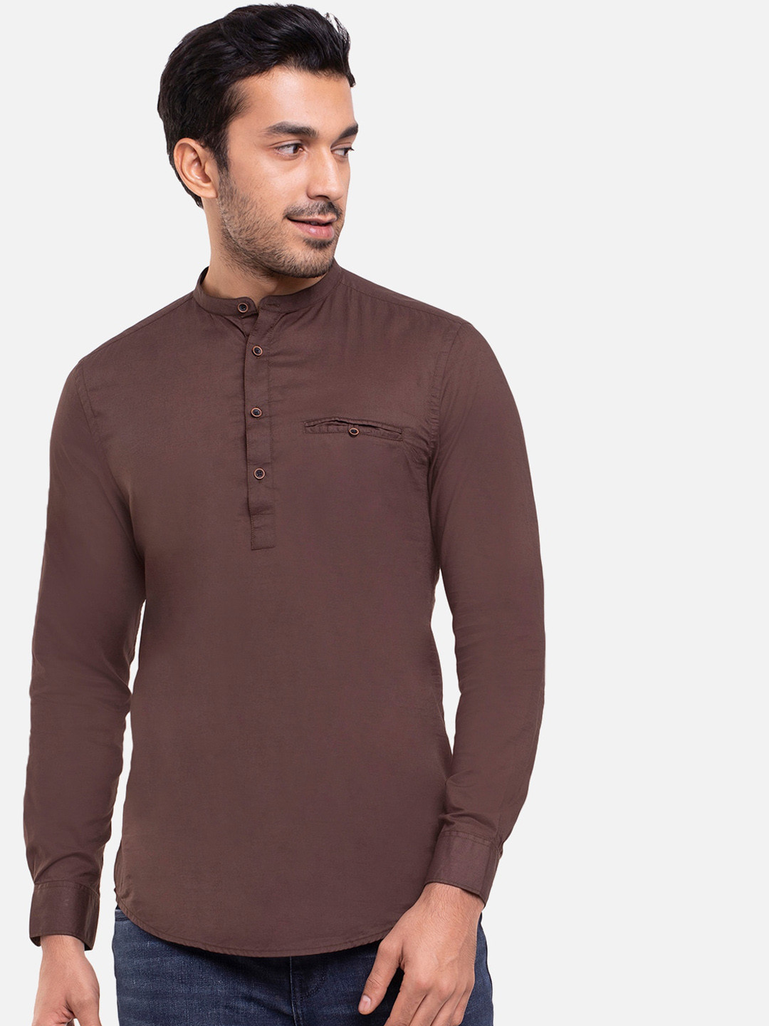 

Bewakoof Men Brown Solid Mandarin Collar Casual Shirt