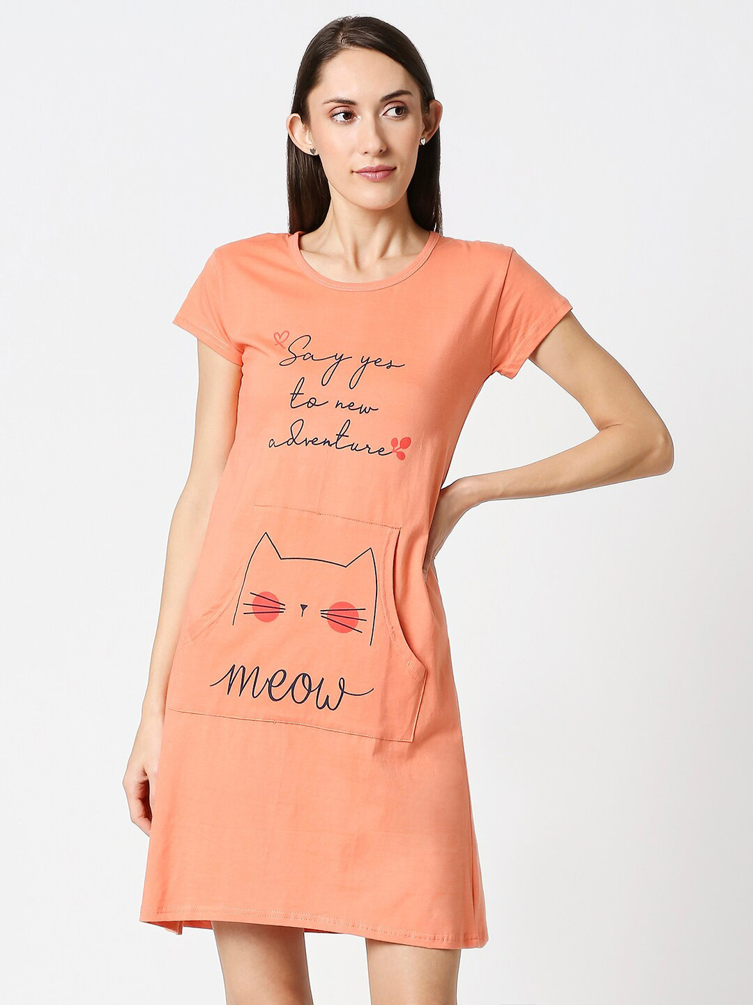 

AV2 Women Peach Pure Cotton Typography Printed Nightdress