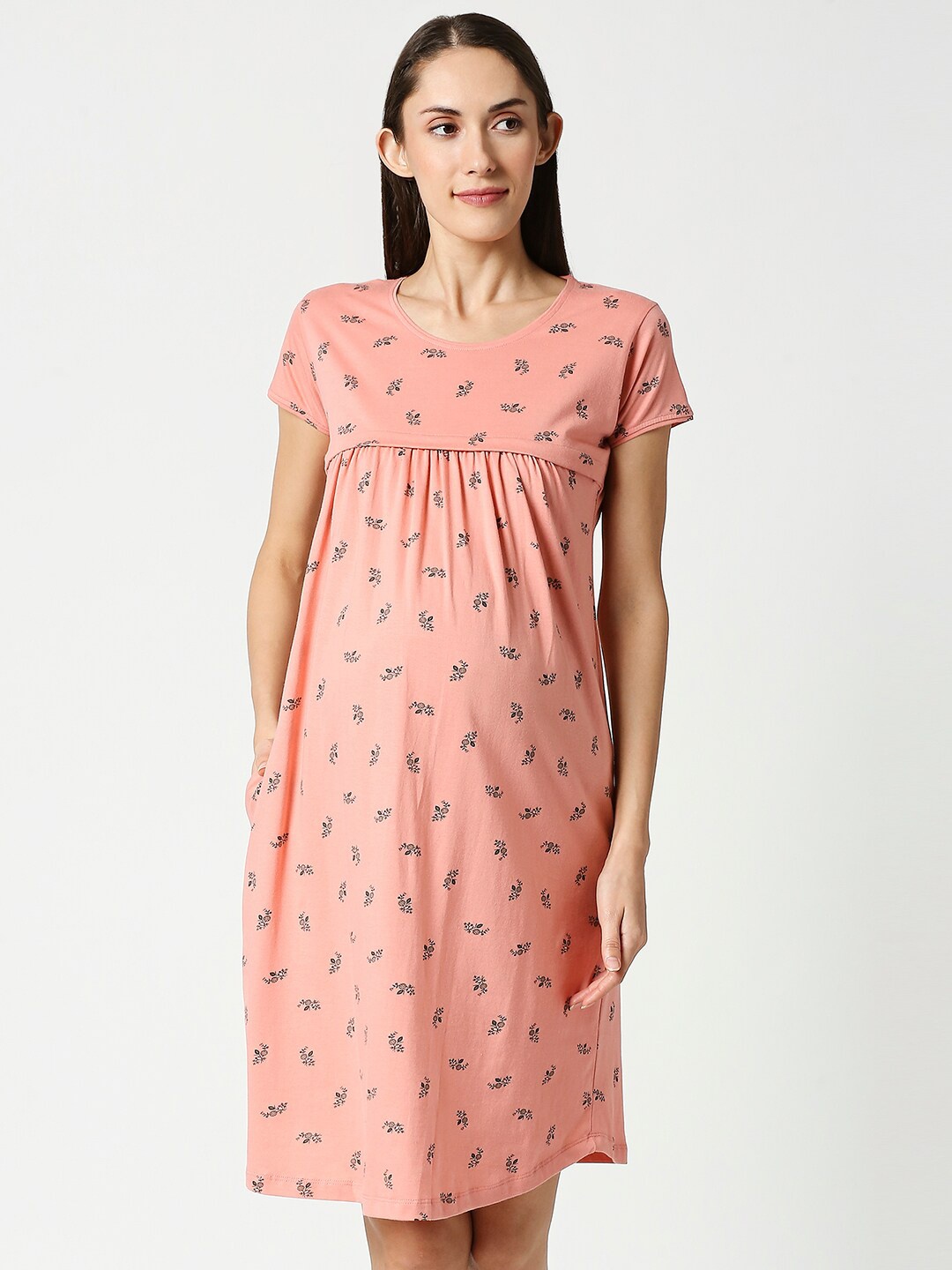 

AV2 Women Peach Pure Cotton Printed Maternity Nightdress