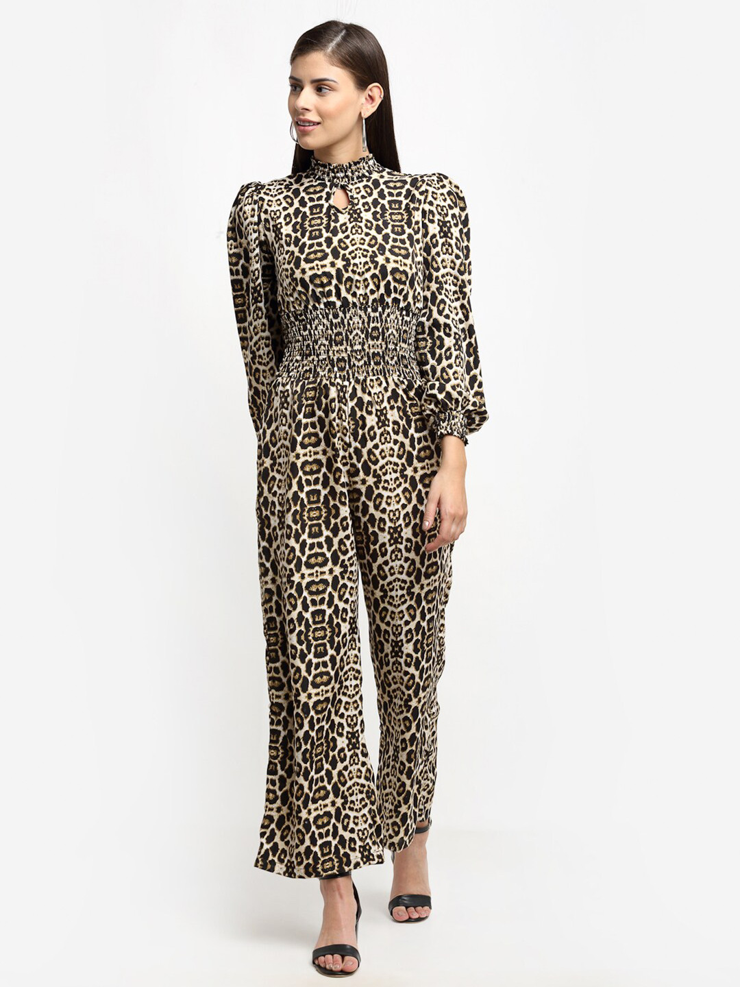 

emeros Women Champagne & Coffee Brown Leopard Printed Jumpsuit With Gathers Styling