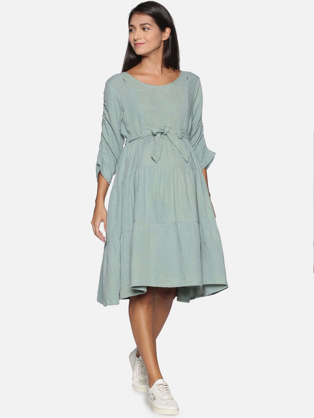 

The Mom Store Olive Green Tiered Midi Maternity and Nursing Dress