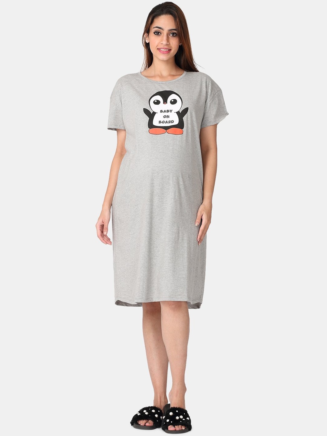 

The Mom Store Women Grey Graphic Printed Maternity T-shirt Dress