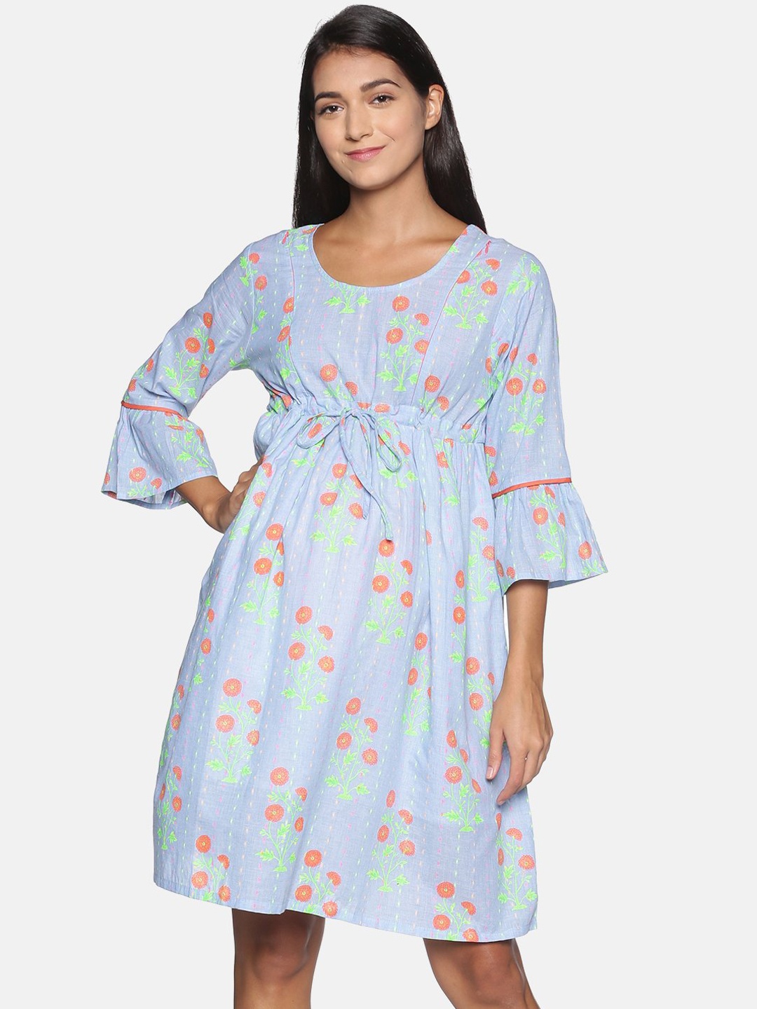 

The Mom Store Women Blue and Green Floral Maternity Empire Dress