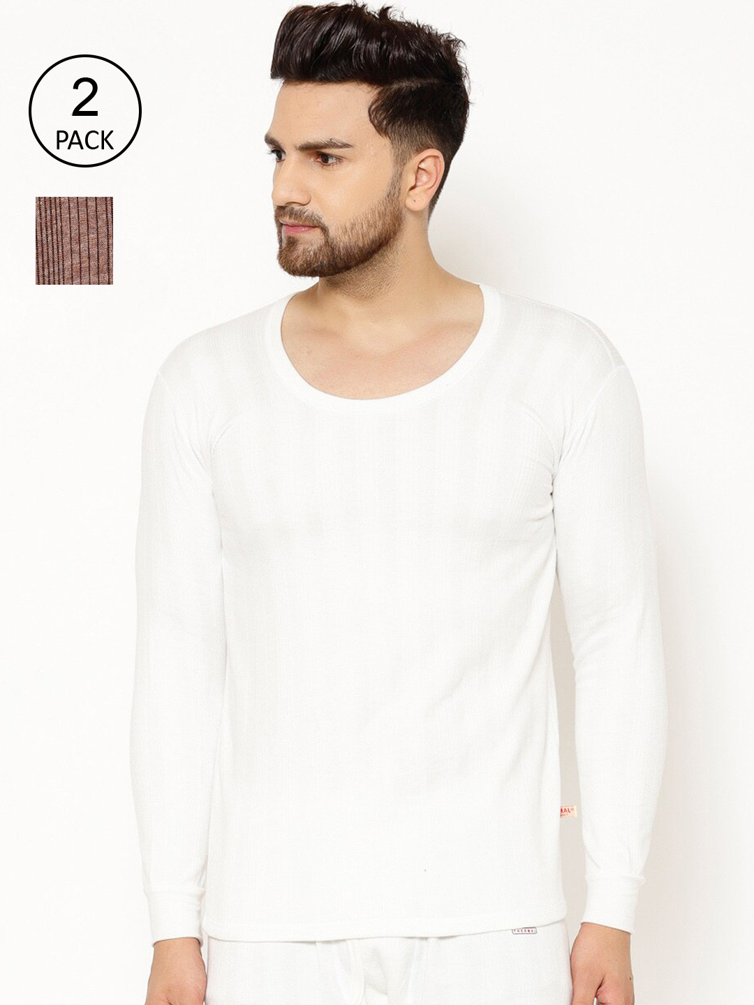 

VIMAL JONNEY Men Pack Of 2 Striped Thermal Tops, White
