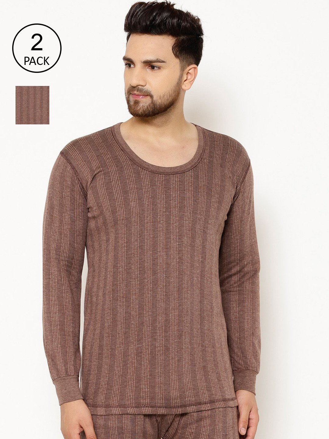 

VIMAL JONNEY Men Pack Of 2 Brown Striped Thermal Tops