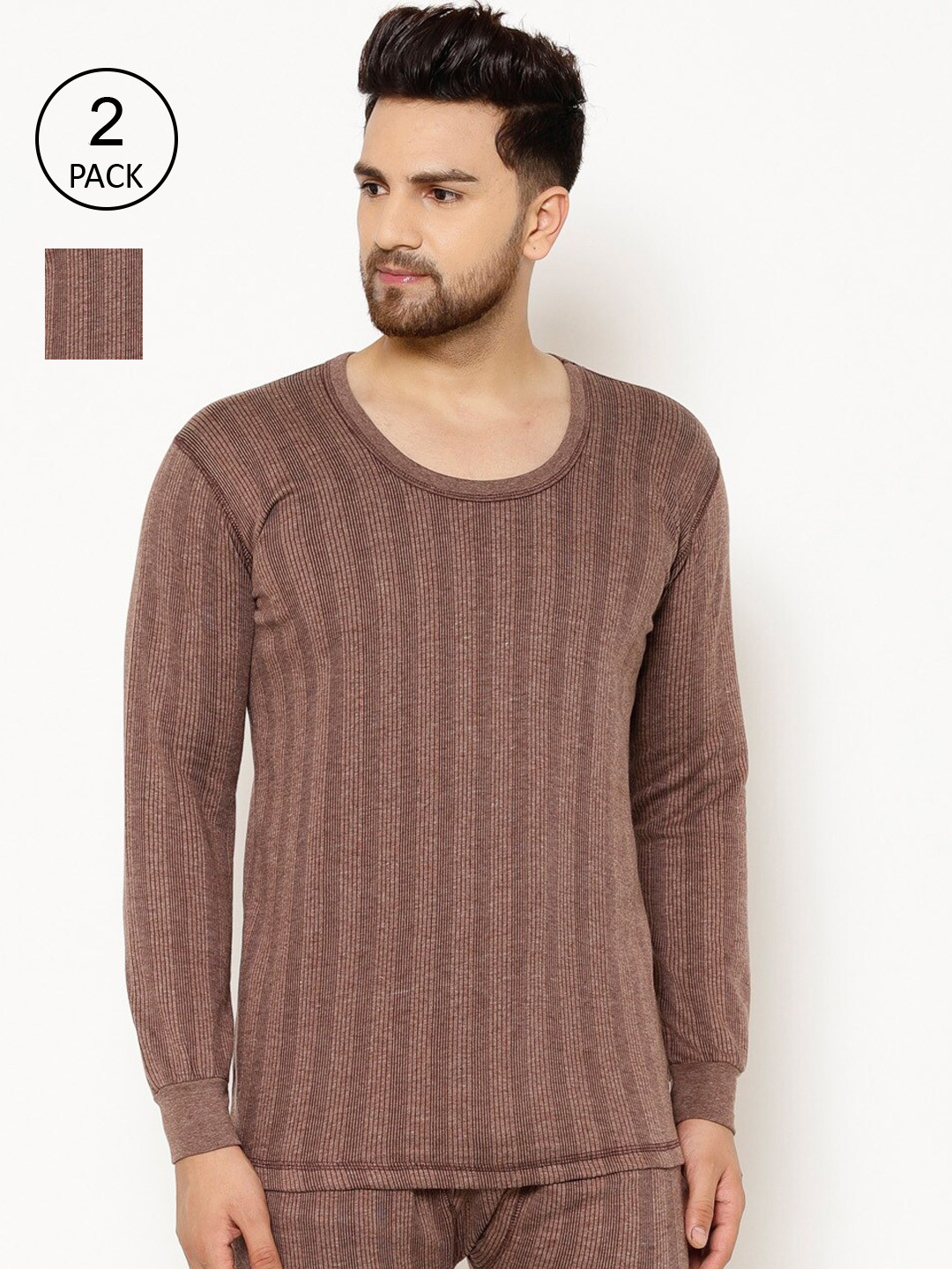 

VIMAL JONNEY Men Pack Of 2 Brown Striped Thermal Tops