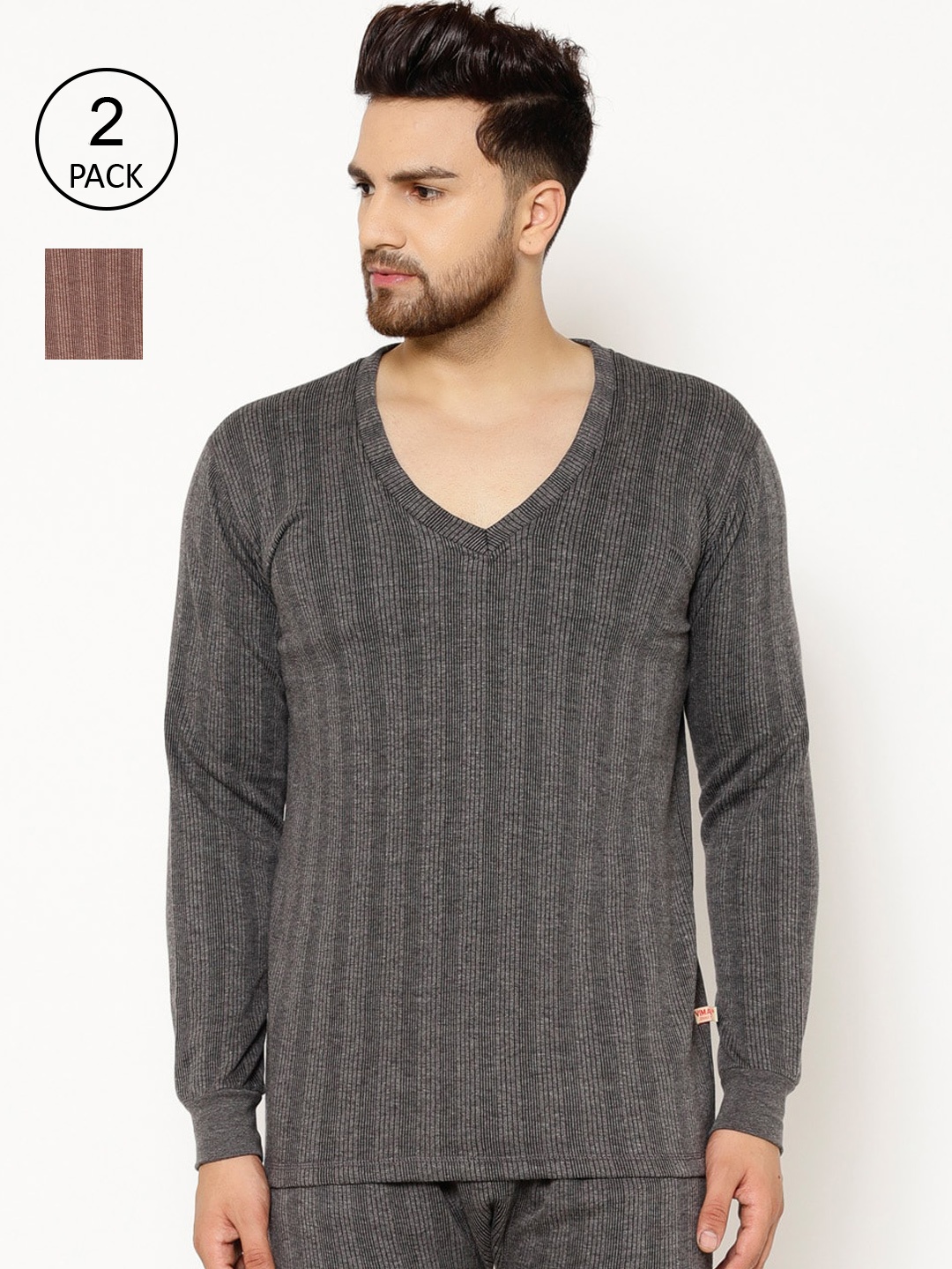 

VIMAL JONNEY Men Pack Of 2 Coffee Brown & Black Solid Thermal Tops