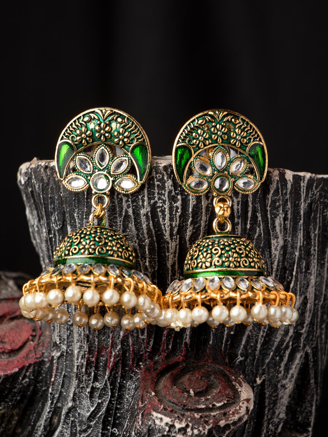 

MORKANTH JEWELLERY Green Contemporary Jhumkas Earrings