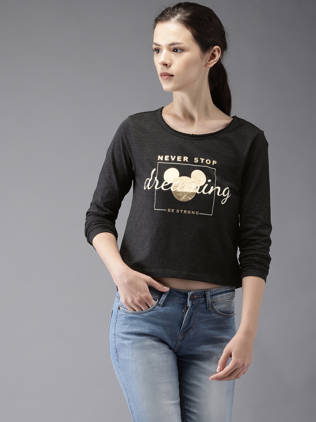 

Flying Machine Women Charcoal Printed Round Neck Pure Cotton T-shirt