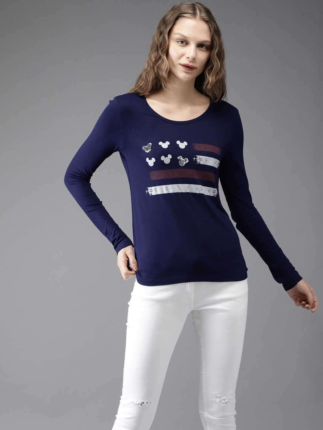 

Flying Machine Women Navy Blue Printed Round Neck T-shirt