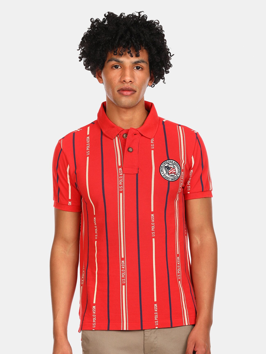 

U.S. Polo Assn. Denim Co. Men Red Striped Polo Collar Applique T-shirt