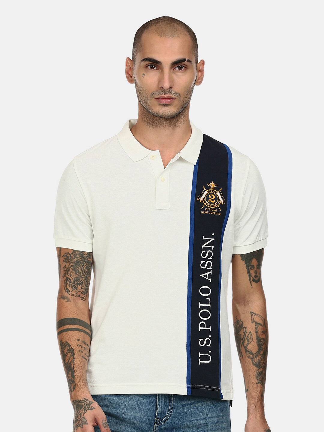 

U S Polo Assn Men White Typography Polo Collar Applique T-shirt