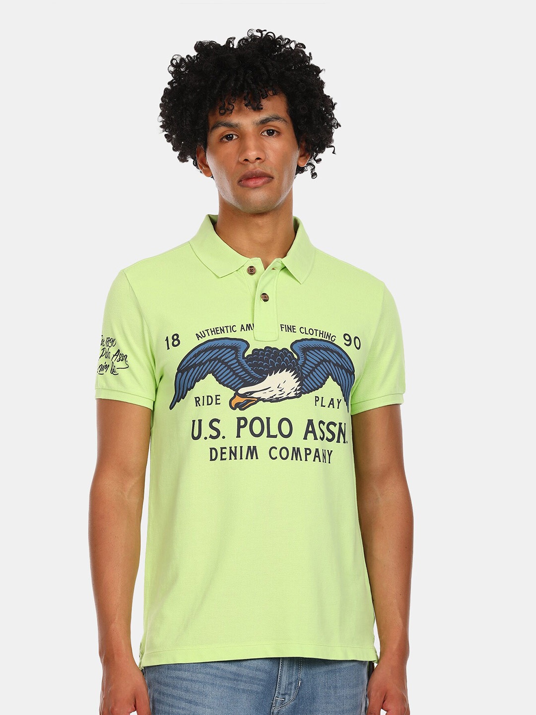 

U.S. Polo Assn. Denim Co. Men Green Typography Printed Polo Collar Applique T-shirt